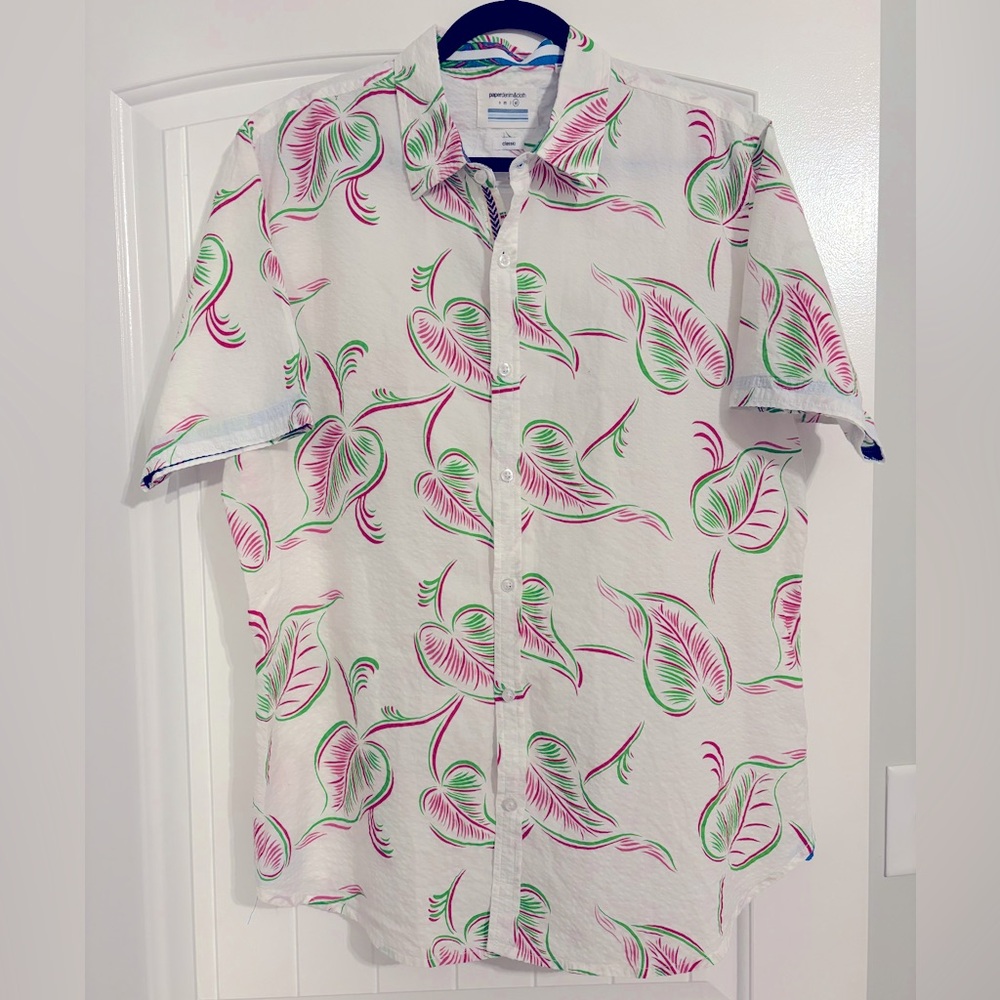 Mens White, Fuchsia & Green Leaf Print Button Down XL Shirt